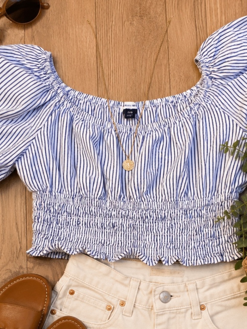 American Eagle Outfitters Blue & White Striped Smocked Crop Top